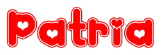 The image is a clipart featuring the word Patria written in a stylized font with a heart shape replacing inserted into the center of each letter. The color scheme of the text and hearts is red with a light outline.
