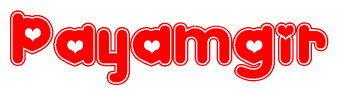 The image is a clipart featuring the word Payamgir written in a stylized font with a heart shape replacing inserted into the center of each letter. The color scheme of the text and hearts is red with a light outline.