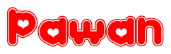 The image is a red and white graphic with the word Pawan written in a decorative script. Each letter in  is contained within its own outlined bubble-like shape. Inside each letter, there is a white heart symbol.
