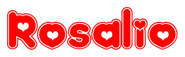 The image is a red and white graphic with the word Rosalio written in a decorative script. Each letter in  is contained within its own outlined bubble-like shape. Inside each letter, there is a white heart symbol.