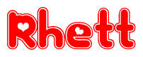 The image is a clipart featuring the word Rhett written in a stylized font with a heart shape replacing inserted into the center of each letter. The color scheme of the text and hearts is red with a light outline.