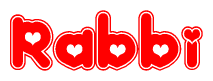 The image is a red and white graphic with the word Rabbi written in a decorative script. Each letter in  is contained within its own outlined bubble-like shape. Inside each letter, there is a white heart symbol.