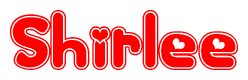 The image is a red and white graphic with the word Shirlee written in a decorative script. Each letter in  is contained within its own outlined bubble-like shape. Inside each letter, there is a white heart symbol.
