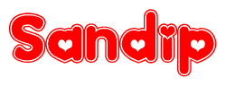 The image displays the word Sandip written in a stylized red font with hearts inside the letters.