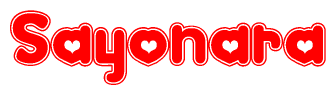 The image is a red and white graphic with the word Sayonara written in a decorative script. Each letter in  is contained within its own outlined bubble-like shape. Inside each letter, there is a white heart symbol.