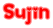 The image is a clipart featuring the word Sujin written in a stylized font with a heart shape replacing inserted into the center of each letter. The color scheme of the text and hearts is red with a light outline.