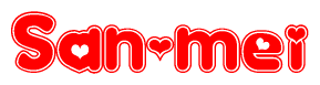 The image is a clipart featuring the word San-mei written in a stylized font with a heart shape replacing inserted into the center of each letter. The color scheme of the text and hearts is red with a light outline.