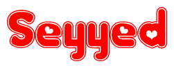 The image is a red and white graphic with the word Seyyed written in a decorative script. Each letter in  is contained within its own outlined bubble-like shape. Inside each letter, there is a white heart symbol.