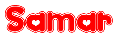 The image is a red and white graphic with the word Samar written in a decorative script. Each letter in  is contained within its own outlined bubble-like shape. Inside each letter, there is a white heart symbol.