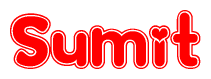 The image is a red and white graphic with the word Sumit written in a decorative script. Each letter in  is contained within its own outlined bubble-like shape. Inside each letter, there is a white heart symbol.