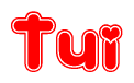 The image is a clipart featuring the word Tui written in a stylized font with a heart shape replacing inserted into the center of each letter. The color scheme of the text and hearts is red with a light outline.
