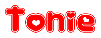 The image is a clipart featuring the word Tonie written in a stylized font with a heart shape replacing inserted into the center of each letter. The color scheme of the text and hearts is red with a light outline.