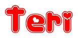 The image is a red and white graphic with the word Teri written in a decorative script. Each letter in  is contained within its own outlined bubble-like shape. Inside each letter, there is a white heart symbol.