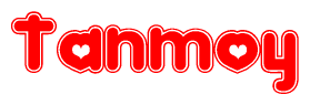 The image is a red and white graphic with the word Tanmoy written in a decorative script. Each letter in  is contained within its own outlined bubble-like shape. Inside each letter, there is a white heart symbol.