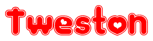 The image is a red and white graphic with the word Tweston written in a decorative script. Each letter in  is contained within its own outlined bubble-like shape. Inside each letter, there is a white heart symbol.