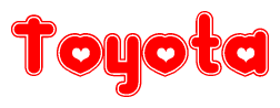 The image is a clipart featuring the word Toyota written in a stylized font with a heart shape replacing inserted into the center of each letter. The color scheme of the text and hearts is red with a light outline.