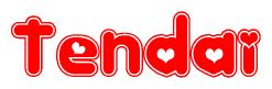 The image is a red and white graphic with the word Tendai written in a decorative script. Each letter in  is contained within its own outlined bubble-like shape. Inside each letter, there is a white heart symbol.