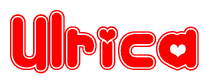 The image is a red and white graphic with the word Ulrica written in a decorative script. Each letter in  is contained within its own outlined bubble-like shape. Inside each letter, there is a white heart symbol.