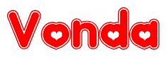 The image is a clipart featuring the word Vonda written in a stylized font with a heart shape replacing inserted into the center of each letter. The color scheme of the text and hearts is red with a light outline.