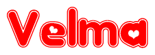 The image is a red and white graphic with the word Velma written in a decorative script. Each letter in  is contained within its own outlined bubble-like shape. Inside each letter, there is a white heart symbol.