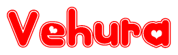 The image is a clipart featuring the word Vehura written in a stylized font with a heart shape replacing inserted into the center of each letter. The color scheme of the text and hearts is red with a light outline.