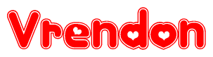 The image displays the word Vrendon written in a stylized red font with hearts inside the letters.