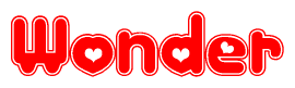 The image is a red and white graphic with the word Wonder written in a decorative script. Each letter in  is contained within its own outlined bubble-like shape. Inside each letter, there is a white heart symbol.