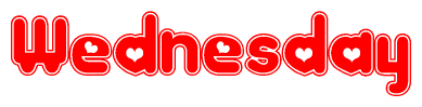 The image is a red and white graphic with the word Wednesday written in a decorative script. Each letter in  is contained within its own outlined bubble-like shape. Inside each letter, there is a white heart symbol.