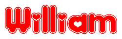 The image is a red and white graphic with the word William written in a decorative script. Each letter in  is contained within its own outlined bubble-like shape. Inside each letter, there is a white heart symbol.