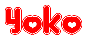 The image is a red and white graphic with the word Yoko written in a decorative script. Each letter in  is contained within its own outlined bubble-like shape. Inside each letter, there is a white heart symbol.