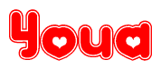 The image is a red and white graphic with the word Youa written in a decorative script. Each letter in  is contained within its own outlined bubble-like shape. Inside each letter, there is a white heart symbol.