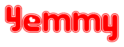 The image is a red and white graphic with the word Yemmy written in a decorative script. Each letter in  is contained within its own outlined bubble-like shape. Inside each letter, there is a white heart symbol.