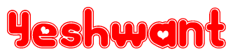 The image is a red and white graphic with the word Yeshwant written in a decorative script. Each letter in  is contained within its own outlined bubble-like shape. Inside each letter, there is a white heart symbol.