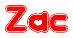 The image is a clipart featuring the word Zac written in a stylized font with a heart shape replacing inserted into the center of each letter. The color scheme of the text and hearts is red with a light outline.