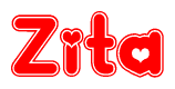 The image is a red and white graphic with the word Zita written in a decorative script. Each letter in  is contained within its own outlined bubble-like shape. Inside each letter, there is a white heart symbol.