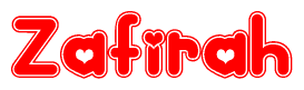 The image is a clipart featuring the word Zafirah written in a stylized font with a heart shape replacing inserted into the center of each letter. The color scheme of the text and hearts is red with a light outline.