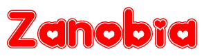 The image is a red and white graphic with the word Zanobia written in a decorative script. Each letter in  is contained within its own outlined bubble-like shape. Inside each letter, there is a white heart symbol.