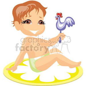 clipart - Baby Boy Holding a Toy Rooster Rattle in a Diaper sitting on a Yellow and White Rug.