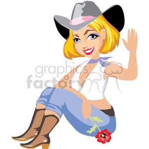 A Blonde Cowgirl with Brown Boots Sitting and Waiving with a Smile on her Face  clipart. Commercial use image # 369224