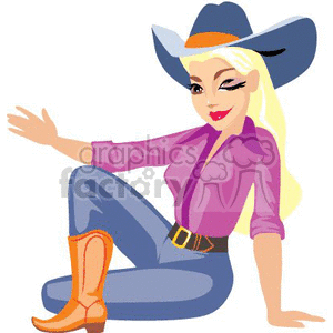 A Cowgirl with a Big Hat and a Purple Shirt Sitting Crossing her Leg Waiving clipart. Commercial use image # 369229