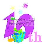 The clipart image features a number 10 with a whimsical and animated style, the number 1 depicted with eyes and a pair of shoes, suggesting a character-like appearance. In front of the 0 is a present or gift box with a bright green ribbon and a bow. There are also colorful stars around the number, which indicate a celebratory or festive mood, commonly associated with a birthday or anniversary celebration.