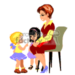 The clipart image depicts three cartoon-style figures. There is an adult woman with short hair sitting on a chair, and she appears to be engaged in a conversation with two young girls. One girl has blonde hair and is standing while wearing a blue dress, and the other girl, apparently holding a doll, sits on the woman's lap and has dark hair.