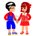 The image displays a clipart representation of two children, a boy and a girl, shaking hands. The boy is wearing blue overalls and yellow shoes, while the girl is dressed in a red dress with polka dots and red shoes. She has a red bow in her hair.