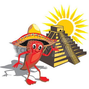 clipart - red chile pepper wearing a sombrero standing next to the mayan relic chichen itza.