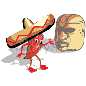 clipart - red chile pepper standing next to a mayan face statue.