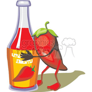 Pepper hugging a bottle of hot sauce