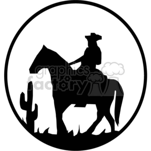 clipart - A Black and White Picture of a Cowboy Riding in the Sagebrush and a Single Cactus.