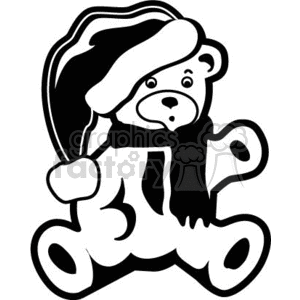 Black and White Teddy Bear Wearing a Scarf and a Santa Hat
