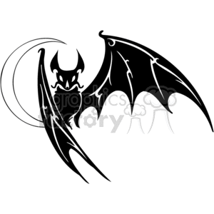 Black and white scary bat flying against crescent moon clipart.