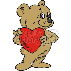 The clipart image shows a cute cartoon teddy bear holding a red heart-shaped toy, with other hearts scattered around it. It is a Valentine's Day-themed vector graphic designed for use in cards, posters, or other materials related to love and romance.

